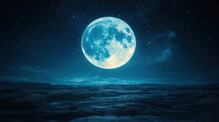Full moon, starry night, dark landscape.