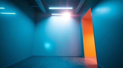 Fototapeta premium Neon Corridor: A minimalist, abstract composition showcasing a vibrant blue room with a single, bright orange door.