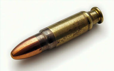 A close-up of a bullet, showcasing its metallic casing and pointed tip.