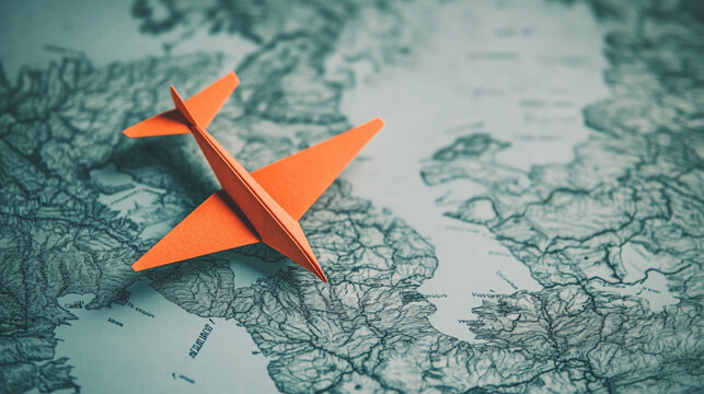 Origami plane rests on a vintage map highlighting travel and exploration. 
