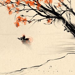 Minimalistic Chinese landscape brushstrokes black and red