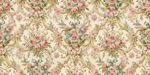 Elegant floral wallpaper pattern featuring soft pink roses and delicate greenery.