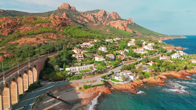 Aerial view of the village of Antheor on the French Riviera at sunset