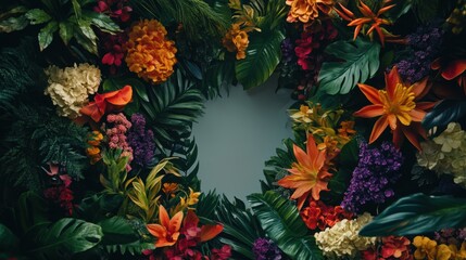 Fototapeta premium Tropical Floral Border with Blank Center, Bright colors and lush flowers create a striking frame for text or images, ideal for invitations or presentations