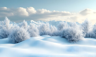 A serene winter landscape featuring snow-covered hills and frosted trees under a blue sky.