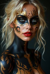 Obraz premium An image of a woman with a hyperrealistic style, showcasing an elaborate body paint design