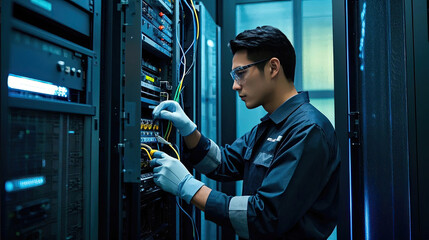 professional IT technician with network equipment in server room
