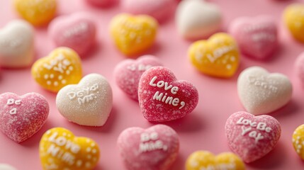 Close-up of heart-shaped candies with romantic messages on pink background.