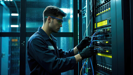 professional IT technician with network equipment in server room