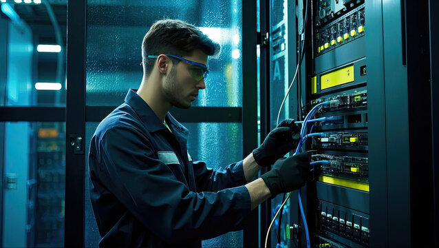 professional IT technician with network equipment in server room
