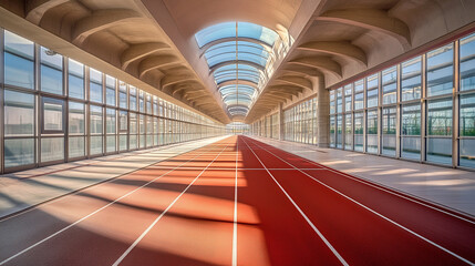 Indoor running track inside a modern athletic facility with abundant natural light. 