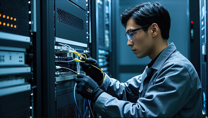 professional IT technician with network equipment in server room