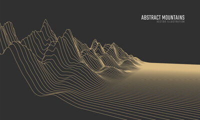 Contour mountain landscape. Waved line art. Abstract minimal topographic map. Contour lines with elevations and terrain depth. Vector illustration.