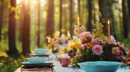 A beautifully arranged outdoor dining table with floral decorations, set amidst a serene forest bathed in soft sunlight.