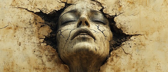An abstract, corroding human face with cracks and a dirtcovered ground, blending organic and earth elements in a powerful, symbolic composition