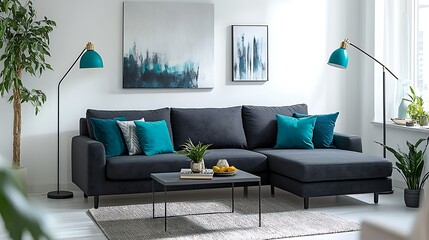 Modern living room interior with dark gray sectional sofa, teal cushions, floor lamps, and abstract art.