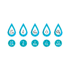 Set of blue electrolyte modern icons - Calcium, Sodium, Magnesium, Potassium and Chlorine ion symbols for Mineral product, mineralized water, health care and education