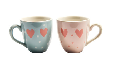 A pair of matching coffee mugs with heart designs, isolated on white 