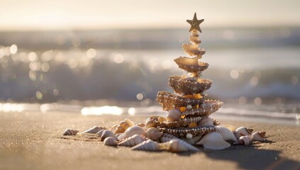 A beach scene with a Christmas tree decorated with seashells