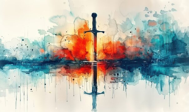 Flaming sword of the spirit illustrated with vibrant watercolors symbolizing divine power and the word of God
