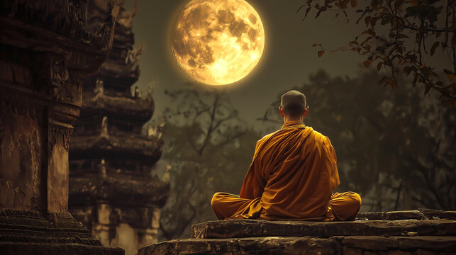 A monk statue under the glow of a full moon, creating a serene and spiritual atmosphere. The concept of peace, meditation, and the connection between humanity and the cosmos. Generative AI.