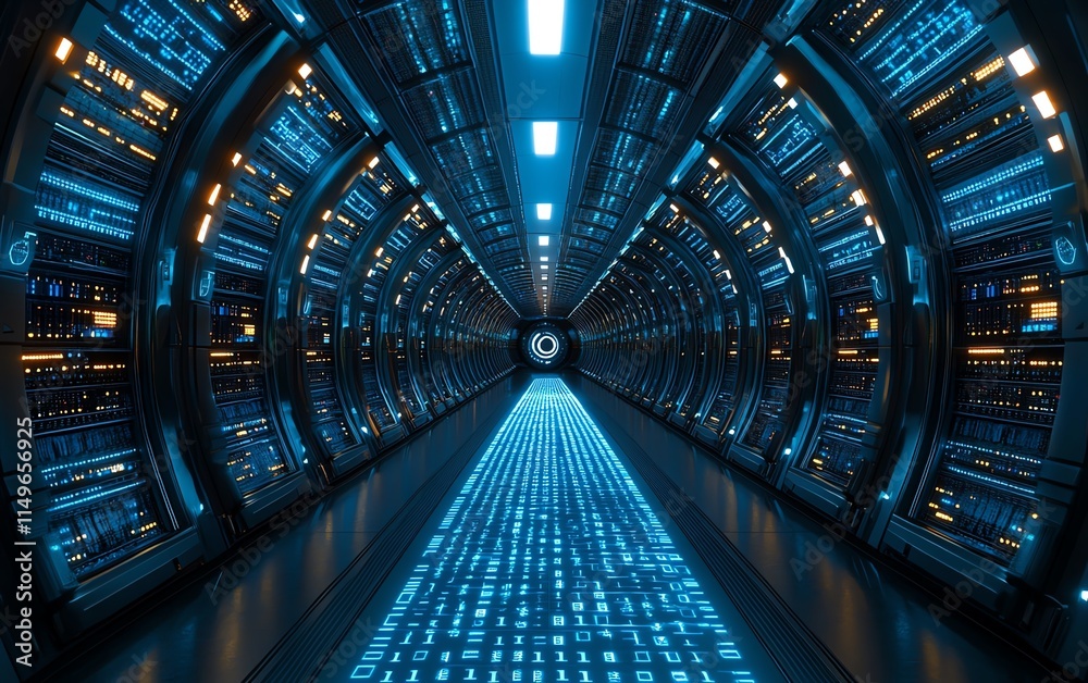 Poster An IT security concept background with a digital lock, secure servers, and flowing binary code, emphasizing cybersecurity in the modern world