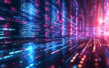 An IT security concept background with a digital lock, secure servers, and flowing binary code, emphasizing cybersecurity in the modern world