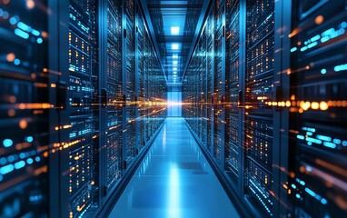 An IT security concept background with a digital lock, secure servers, and flowing binary code, emphasizing cybersecurity in the modern world