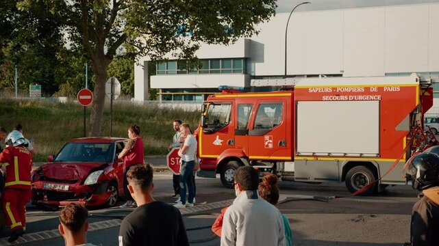 Fire department red trucks in the streets