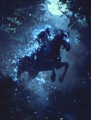 A mystical scene featuring a glowing horse and rider in a dark, enchanted forest.