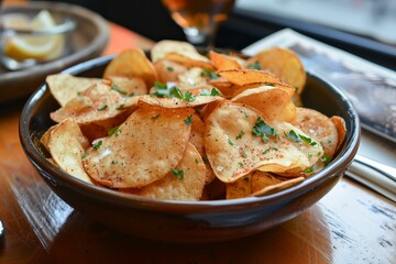 Crispy potato chips seasoned with spices and herbs served in a bowl, perfect for snacking