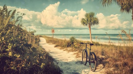 Fototapeta premium Bicycle rests on a beach path near ocean waves