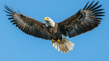 Obraz premium A bald eagle takes flight, wings spread wide, gliding effortlessly against a vibrant blue sky. This majestic raptor embodies strength and freedom, captivating all who watch