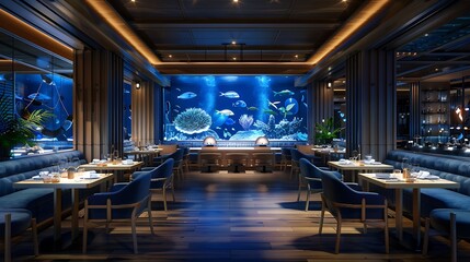 A high-end seafood restaurant with a nautical theme, aquariums, and an elegant raw bar