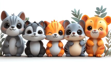 Fototapeta premium Five adorable cartoon animals sitting together.