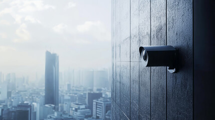 CCTV camera monitors urban skyline while ensuring security in a modern city environment