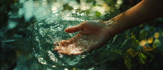 Fototapeta premium A closeup of a woman s hand holding water, with a softfocus background, creating a peaceful, natureinspired water concept
