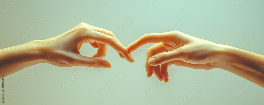 Poster A conceptual image of two hands touching fingers, symbolizing the intersection of artificial intelligence and human connection in a modern business world