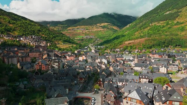 Aerial view of the town of Vieha, Aran, Catalonia, Spain. 