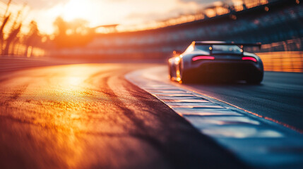Race car navigating a curve during sunset on a racetrack. 
