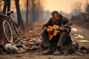 A homeless man sits on a country road with a guitar among his meager belongings.