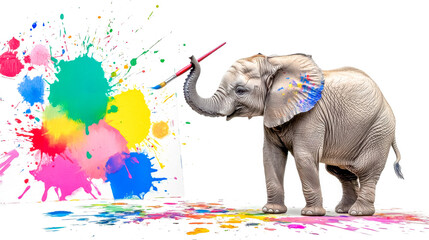 Elephant painting colorful splashes with paintbrush on white background