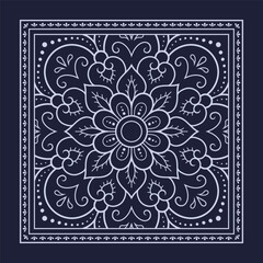 Circular pattern in form of mandala with flower for Henna, Mehndi, decoration. Blue decorative ornament in ethnic oriental style for a bandana. Outline doodle hand draw vector illustration.