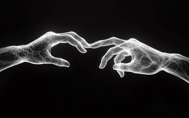 Obraz premium A futuristic representation of two hands, one human and one robotic, about to touch, symbolizing artificial intelligence in business innovation