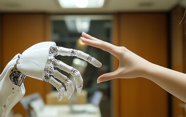 Obraz premium A futuristic representation of two hands, one human and one robotic, about to touch, symbolizing artificial intelligence in business innovation