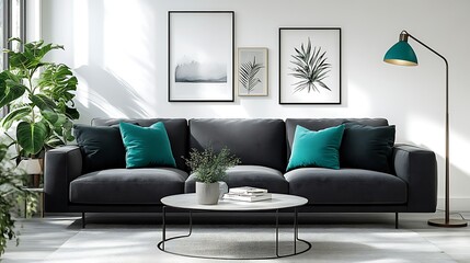 Modern living room interior with grey sofa, teal cushions, artwork, and floor lamp.