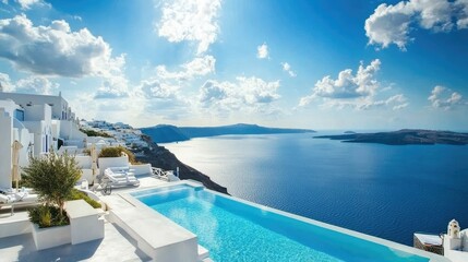 Fototapeta premium Breathtaking View of Santorini Island with Infinity Pool and Ocean