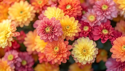 A rich tapestry of multicolored chrysanthemum flowers arranged on a flower wall, perfect for creating a stunning backdrop for any event