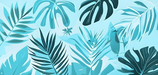 Collection of tropical leaves, foliage plant in blue color with space background