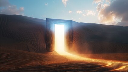 Unknown and start up concept opened door on desert this is a 3d illustration